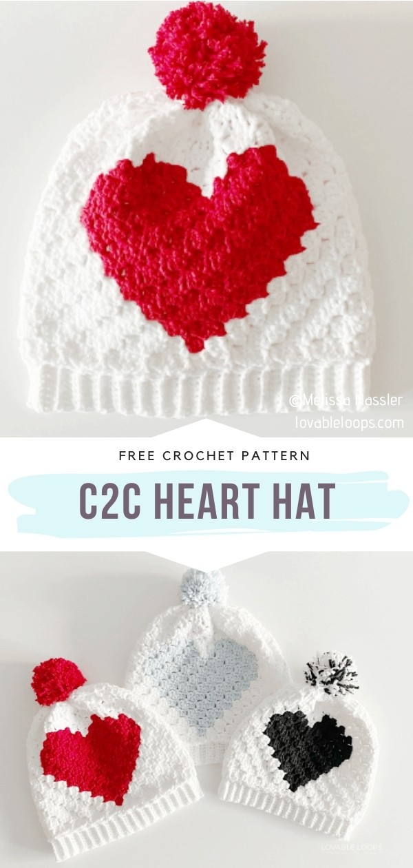 C2C Crochet Beanies with Hearts