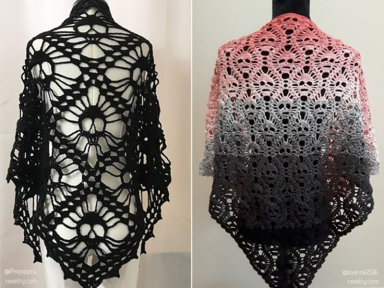 Two pictures of a crocheted shawl with a skull pattern on a mannequin.