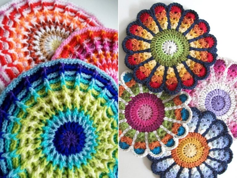 A set of colorful crocheted dishcloths and potholders on a table.