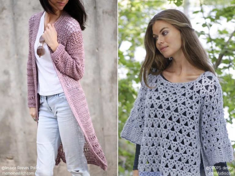 A woman wearing a crocheted cardigan.