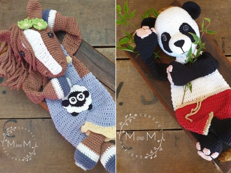 Two crocheted panda bears and a horse with crochet patterns.
