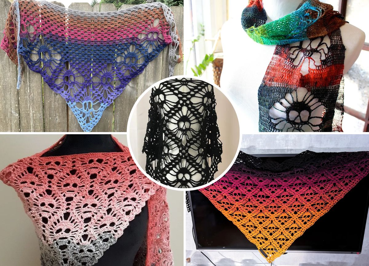 a collection of crochet skull shawls and scarves