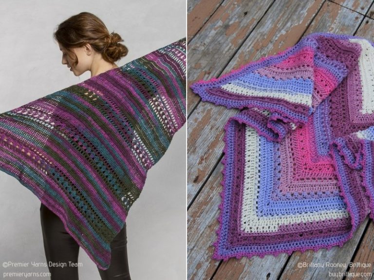 Two pictures of a woman wearing a crocheted shawl showcasing crochet patterns.
