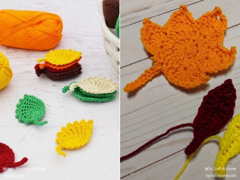 Crocheted leaves on a table.