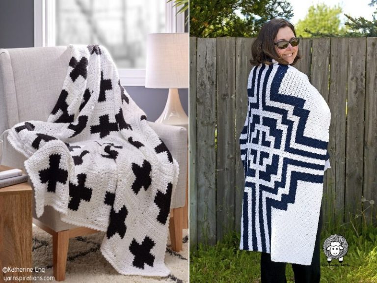 A woman wearing a crocheted afghan.