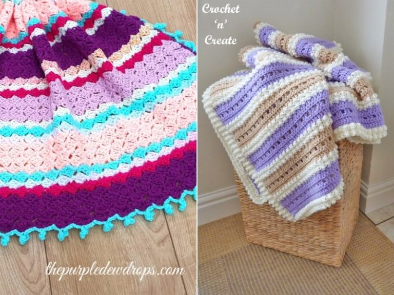 Two pictures of lilac crocheted blankets in a basket.