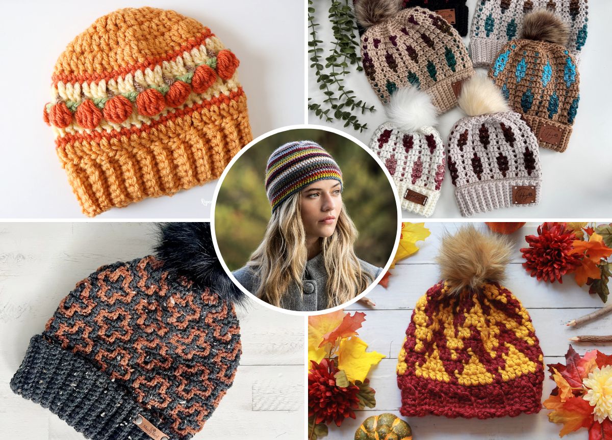 A collage featuring various crochet hats in different colors and patterns, with a central image of a woman outdoors wearing a striped fall crochet beanie.