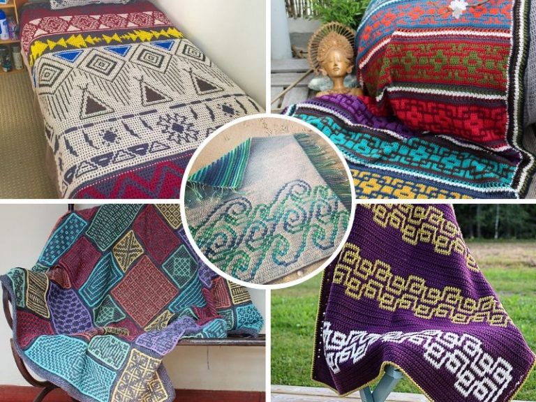 Four pictures of blankets with different designs on them, featuring mosaic crochet patterns.