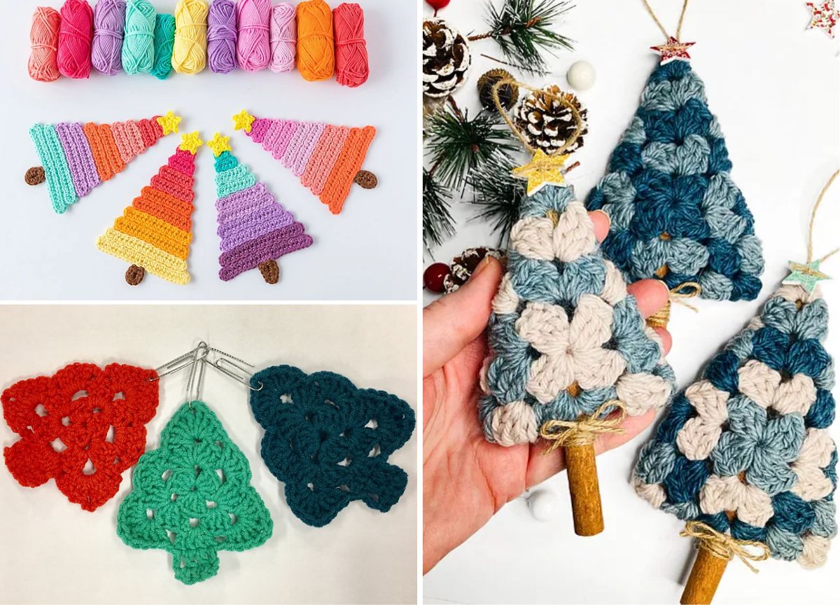 Crochet Christmas trees and accessories in a vibrant array of colors like rainbow, red, green, and blue are artfully displayed alongside colorful yarn and festive decorations.