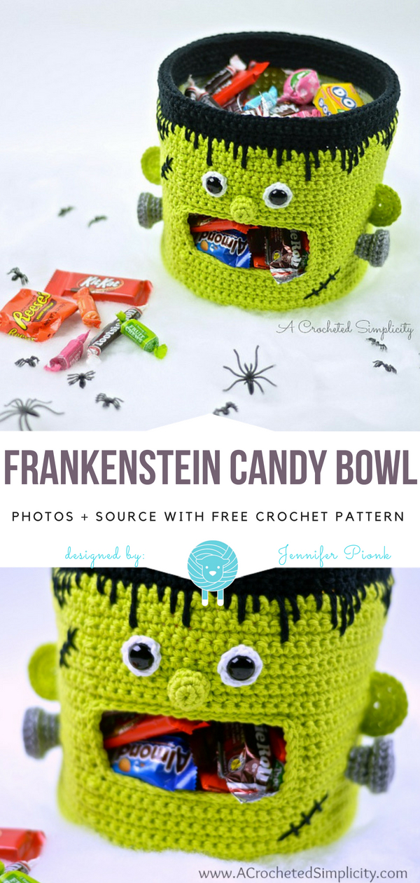 Frankenstein candy bowl free crochet pattern.