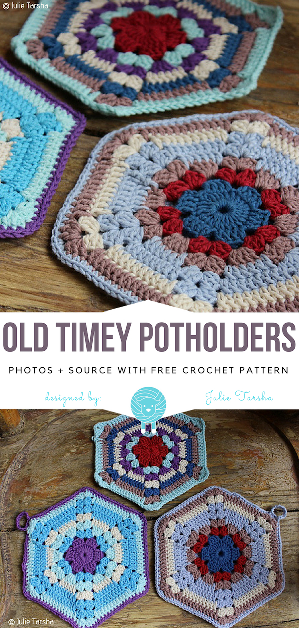 Old timey potholders with free crochet patterns.