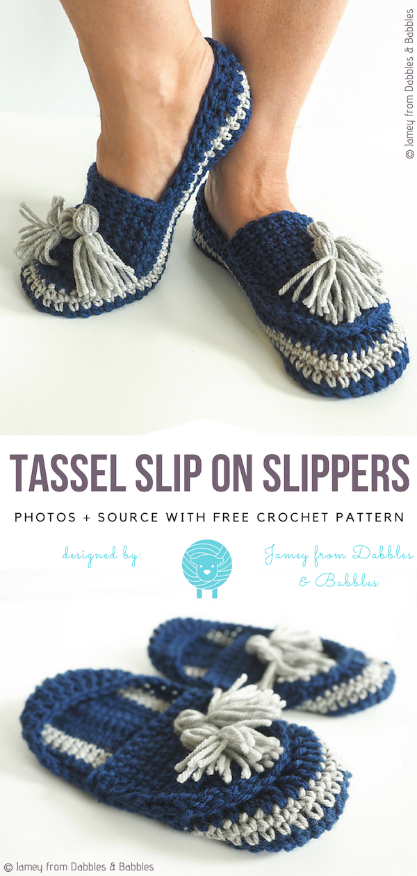 Tassel slip on slippers free crochet pattern.