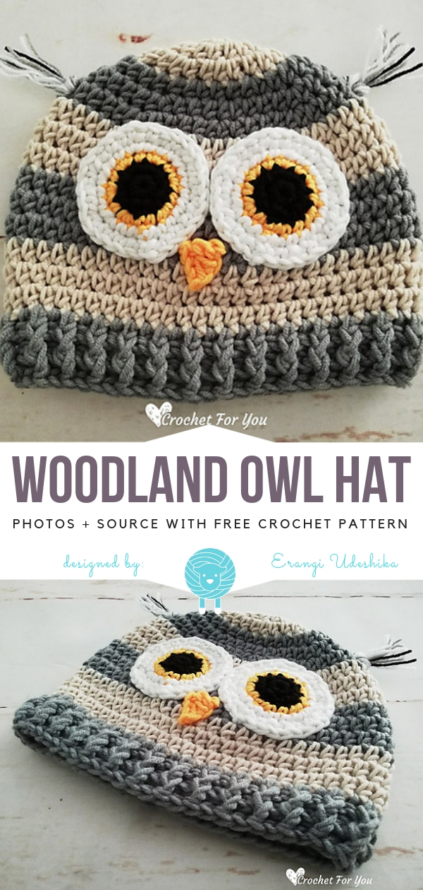 Woodland owl hat free crochet pattern.
