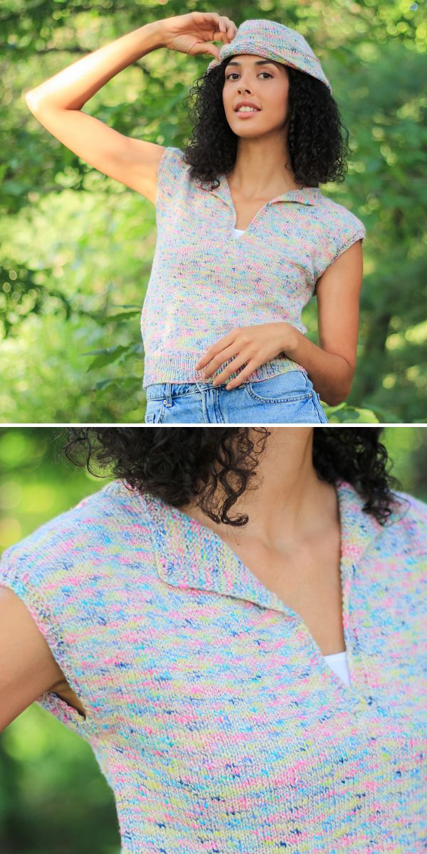 a woman in a v-neck top and a crochet hat