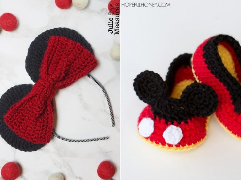 A pair of crocheted mickey mouse slippers and a headband.