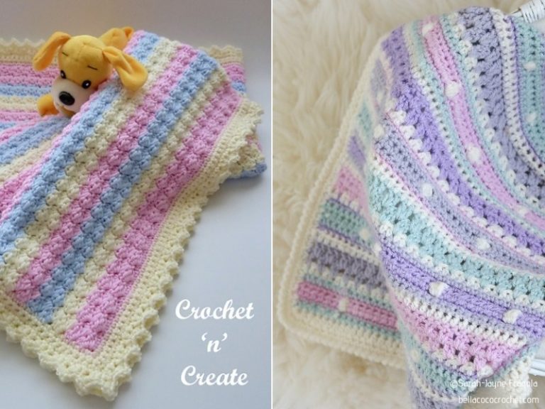 A pastel crocheted afghan with a teddy bear.