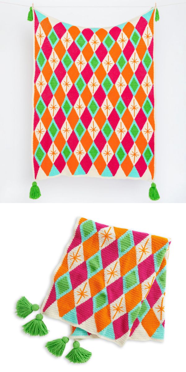 diamond-pattern colorful crochet blanket