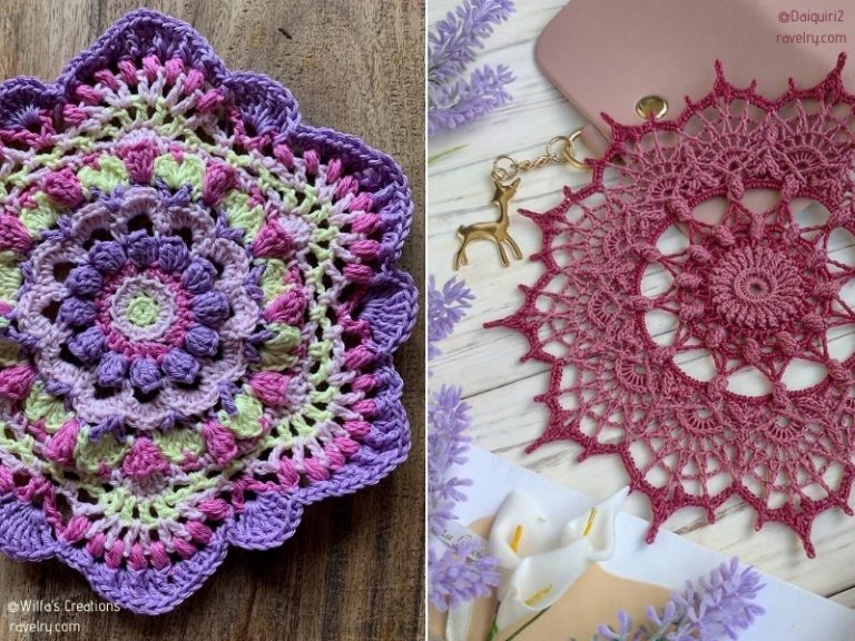 Two pictures of crocheted doilies.