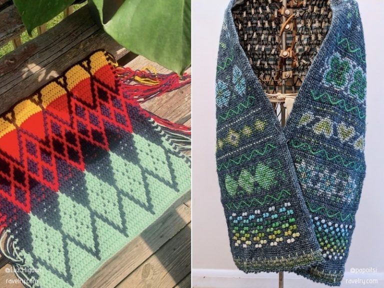 Two crochet patterns of knitted wraps.