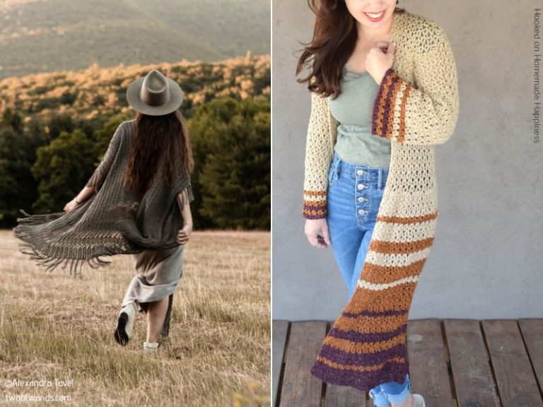 Two pictures of a woman wearing a crocheted Boho cardigan.