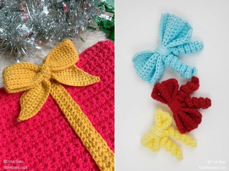 Crocheted bows on a festive gift.