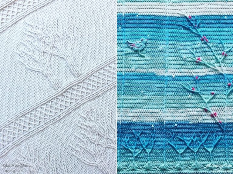 A blue and white crochet blanket with embroidery on it, featuring free patterns for Afghans.