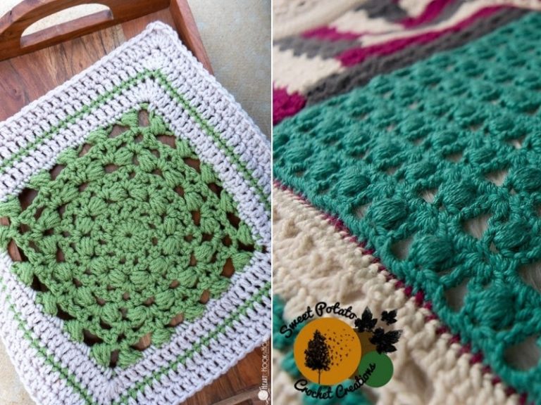 Two pictures of crochet afghan squares.