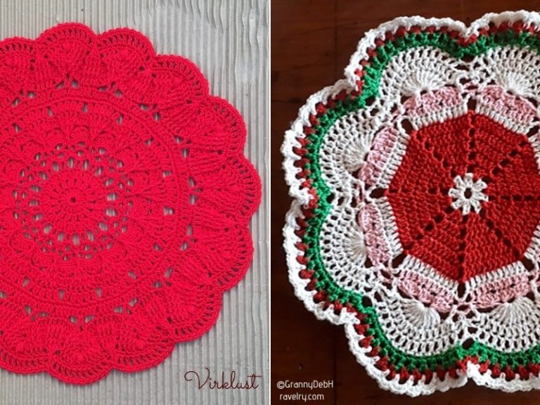 A red and green crocheted doily and a white doily showcasing intricate crochet patterns.