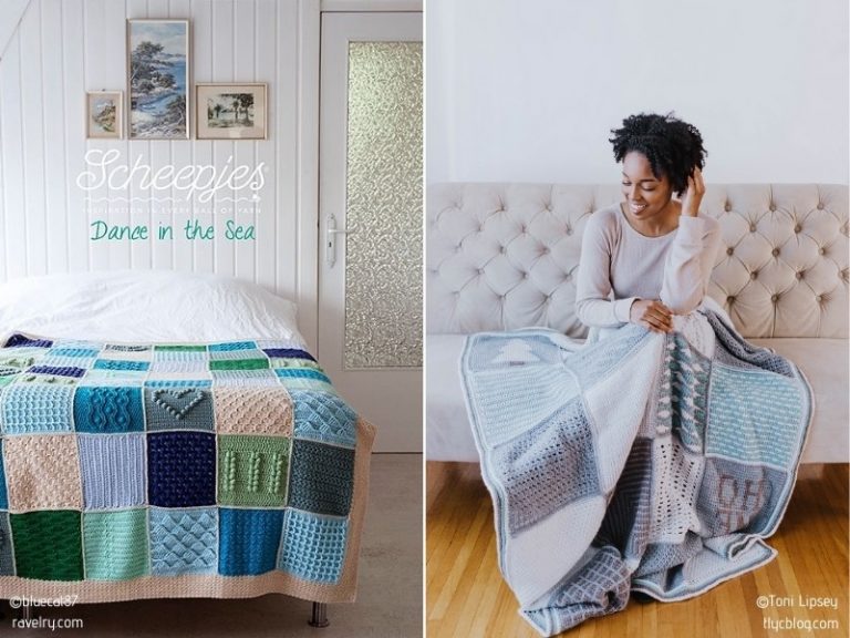 Two pictures of a woman sitting on a bed with crochet blanket.