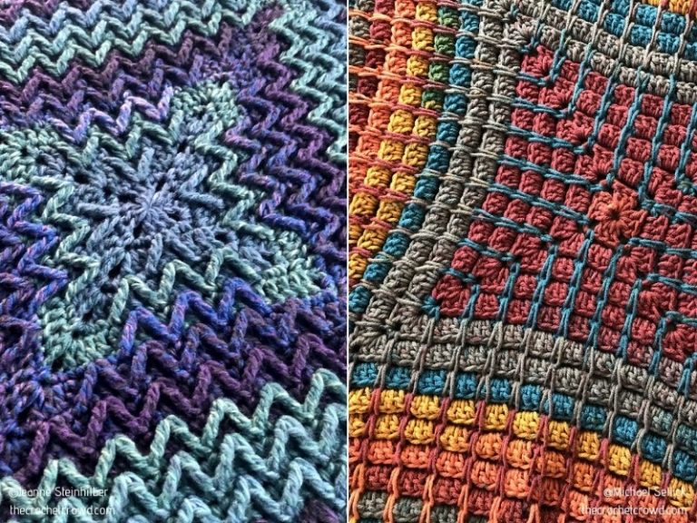 Two pictures of crocheted afghan patterns.