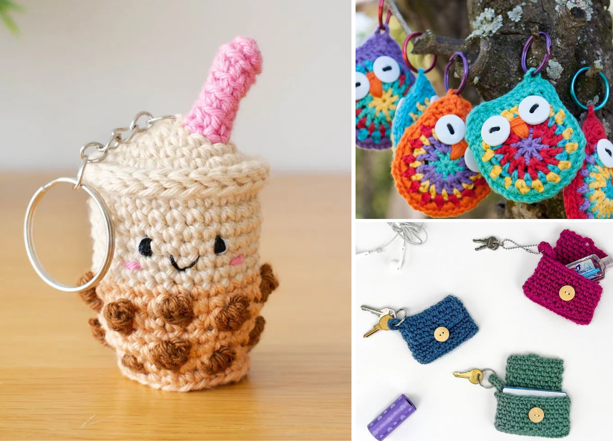 a set of funny crochet keychains