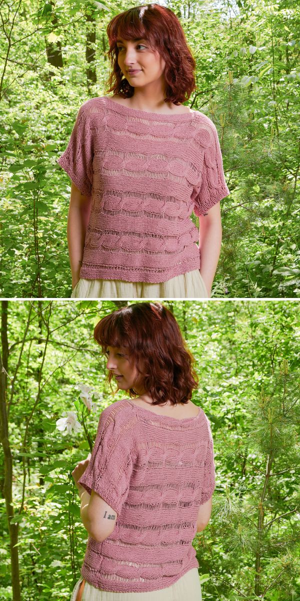 a woman in pink lacy knitted blouse