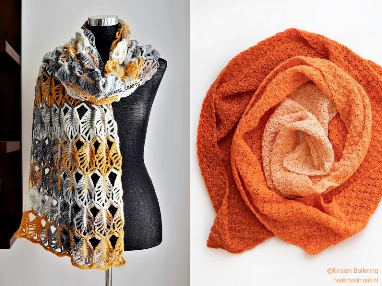 Crocheted shawls displayed on a mannequin.