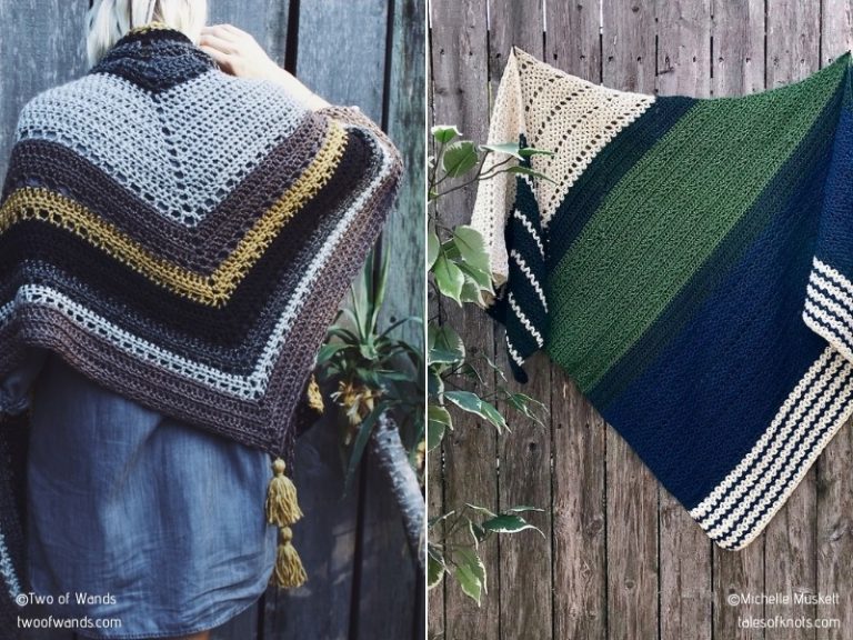 Two pictures of crochet shawls hanging on a wooden fence.