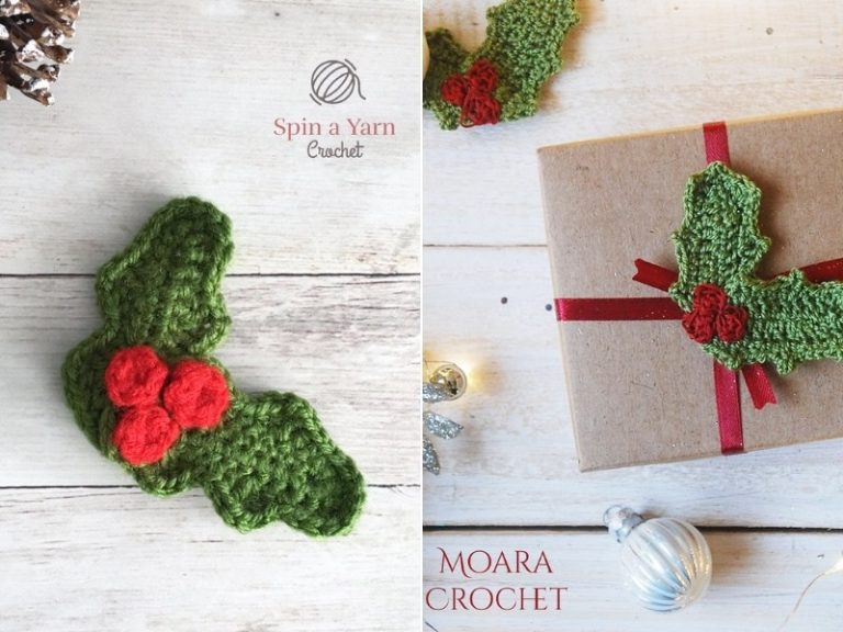 Crochet Christmas ornaments pattern featuring holly design.