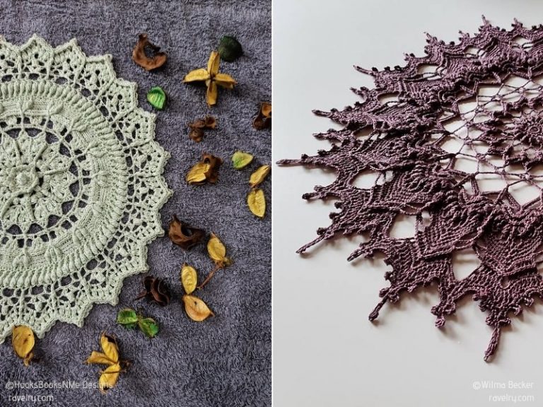 Two pictures of a crochet doily with leaves on it, showcasing a crochet doily pattern.