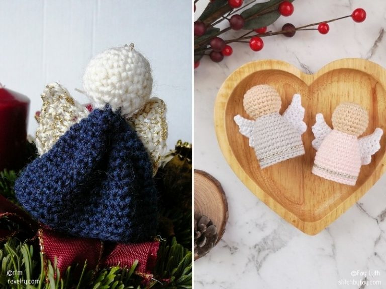 Two crocheted angels displayed on a wooden board.