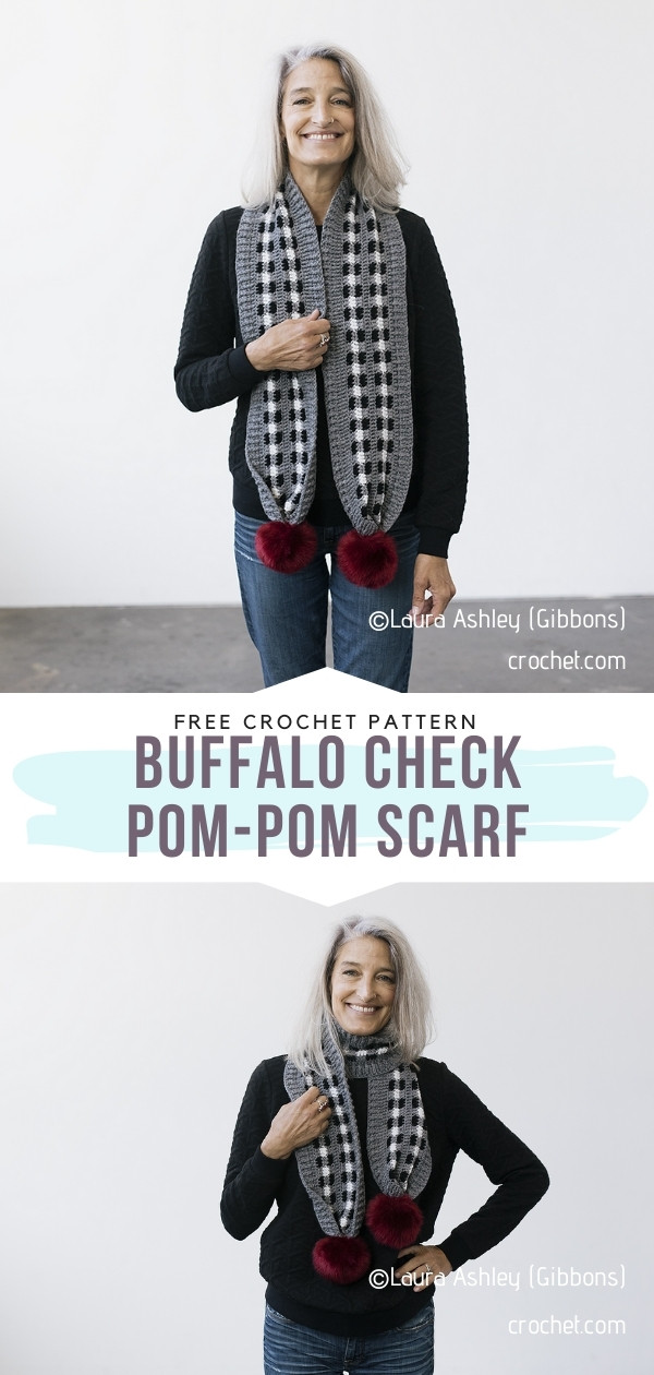 Crochet Buffalo Check Pom-Pom Scarf