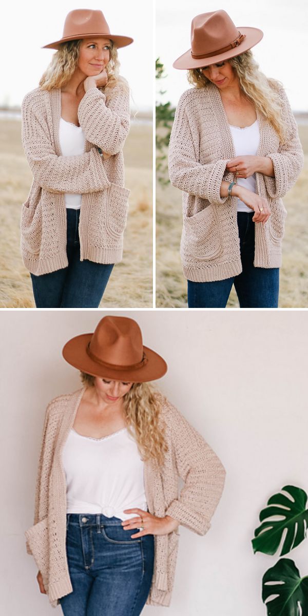 A woman wearing a brown hat, beige knit cardigan, white shirt, and jeans poses outdoors and indoors in three different shots, with crochet doilies adding a touch of vintage charm to the scene.