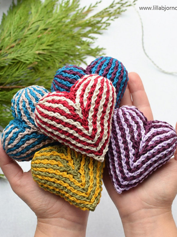 Knitted heart ornaments.