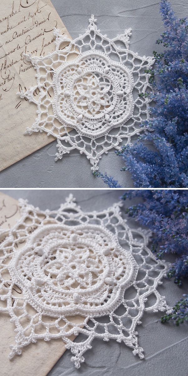 Two close-up images of white crochet doilies displayed on a handwritten letter, next to sprigs of purple flowers.