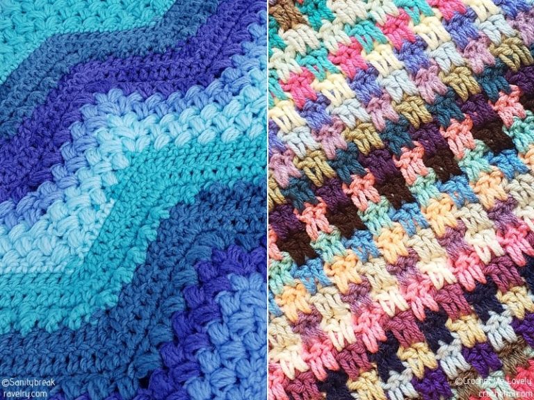 Two textured crochet afghans in different colors.