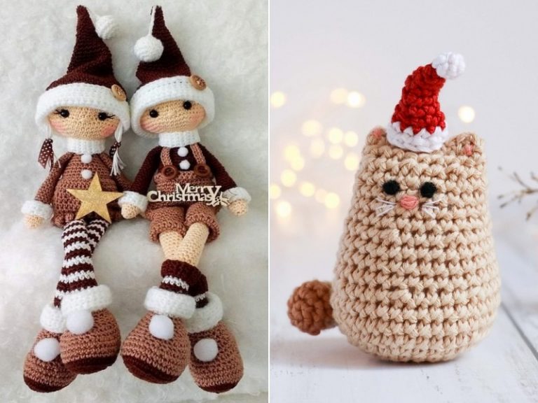 Christmas Amigurumi elves and cat wearing santa hat.