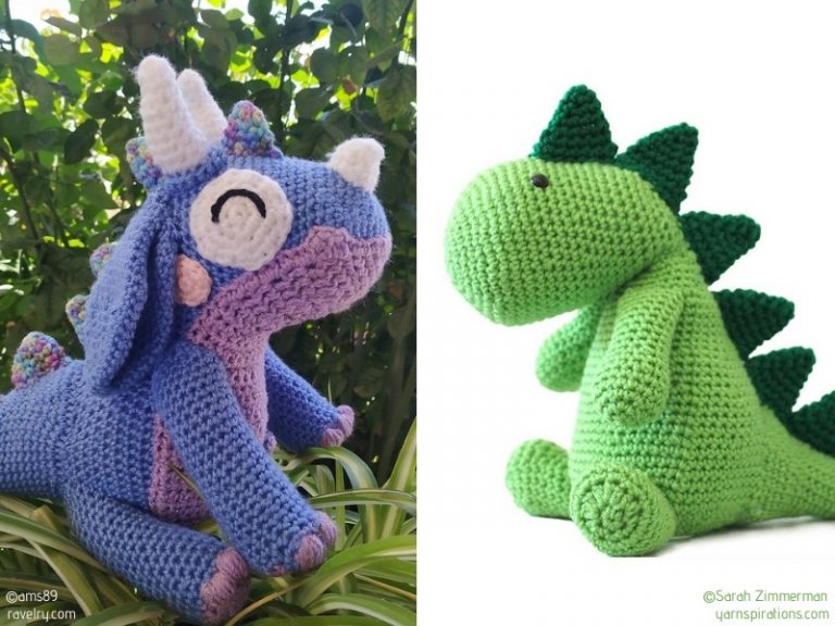 Two crocheted stuffed animals, one blue and one green.