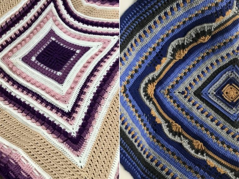 Two different crocheted afghans with different designs.