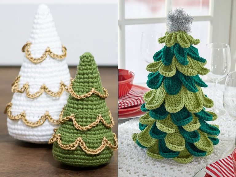 Two pictures of crocheted christmas trees.
