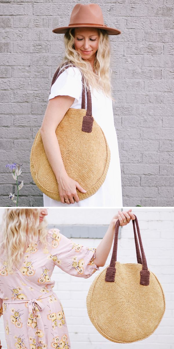 A woman holds a large round straw tote bag with dark handles; featuring crochet doilies, the bag is shown close-up in a second image against a white background.