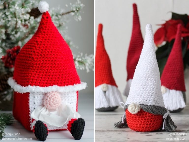 Handcrafted crochet gnomes and Santa Claus.