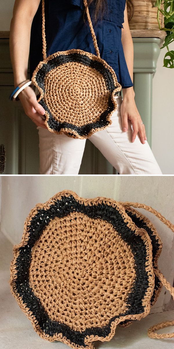A person holds a round, woven rattan bag with a wavy black edge inspired by crochet doilies, shown both worn and laid flat. The bag has a long strap and a textured, hand-crafted appearance.