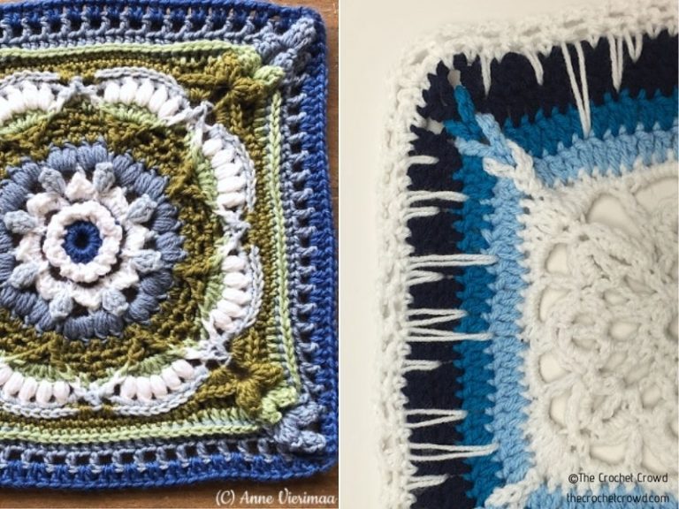 A blue and white crocheted afghan square.